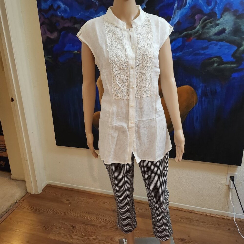 Coldwater Creek Linen Tunic Size M White Lace and Pattern